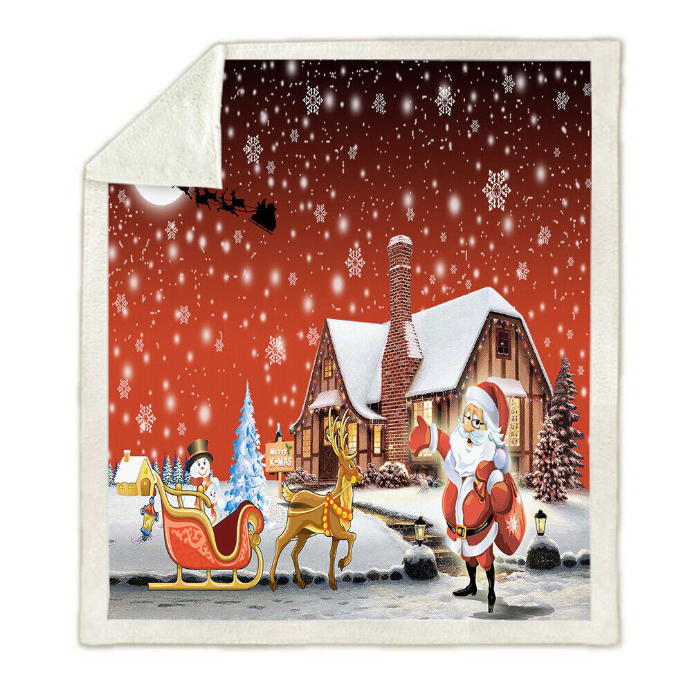 Warm Soft Fleece Blanket Throw - Red Christmas Santa Reindeer Snowman