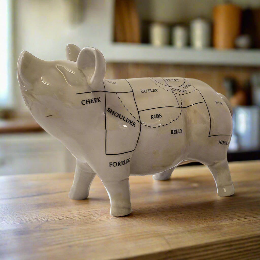Side view of a decorative ceramic pig ornament with butcher's cuts diagram, 32cm sculpture, ideal for farmhouse kitchens, rustic home décor, or quirky gifts.