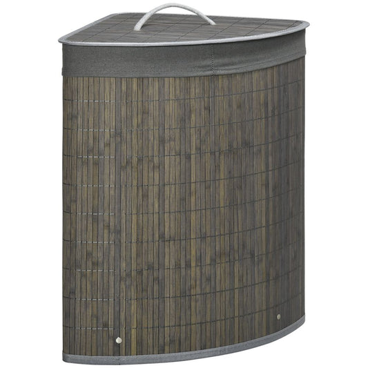 55L Bamboo Corner Laundry Basket Clothes Storage with Lid - Grey