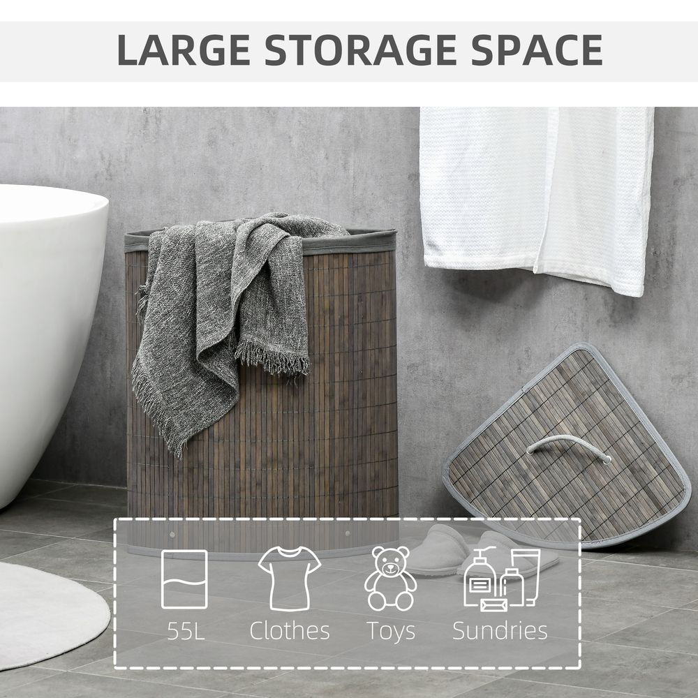 55L Bamboo Corner Laundry Basket Clothes Storage with Lid - Grey