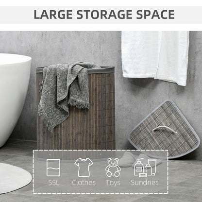 55L Bamboo Corner Laundry Basket Clothes Storage with Lid - Grey