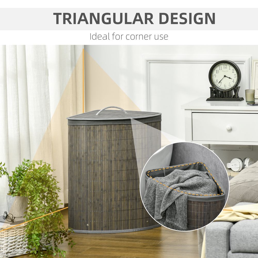 55L Bamboo Corner Laundry Basket Clothes Storage with Lid - Grey