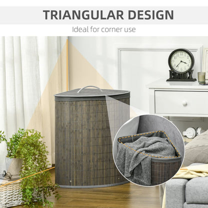 55L Bamboo Corner Laundry Basket Clothes Storage with Lid - Grey