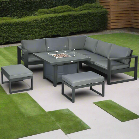 6Pc Metal Garden Furniture Set with Firepit Table Corner Sofa - Grey
