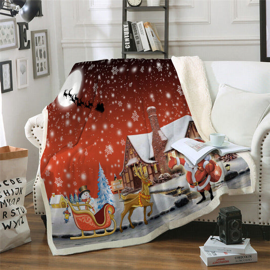 Warm Soft Fleece Blanket Throw - Red Christmas Santa Reindeer Snowman
