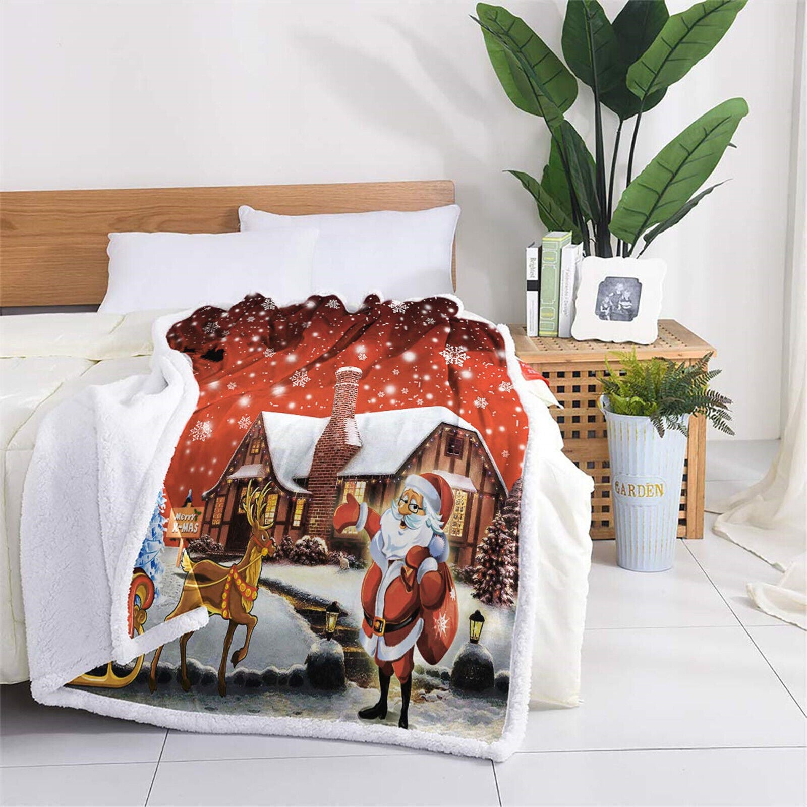 Warm Soft Fleece Blanket Throw - Red Christmas Santa Reindeer Snowman
