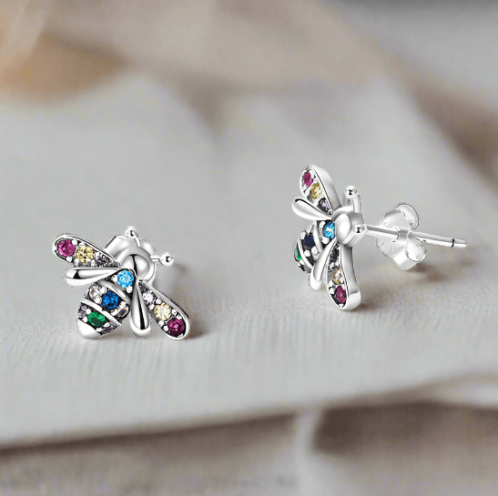 925 Sterling Silver Bee Multi-Coloured CZ Stone Stud Earrings