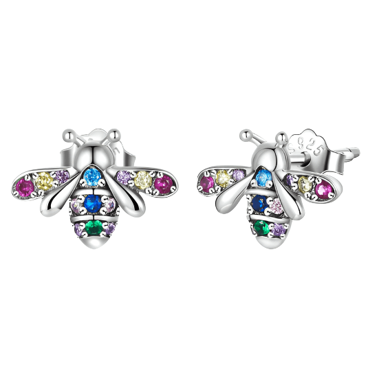 925 Sterling Silver Bee Multi-Coloured CZ Stone Stud Earrings
