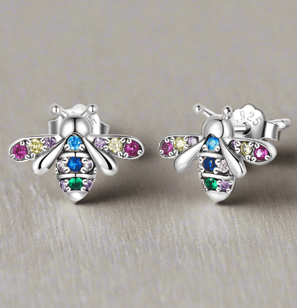 925 Sterling Silver Bee Multi-Coloured CZ Stone Stud Earrings