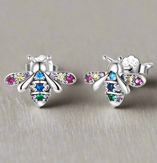 925 Sterling Silver Bee Multi-Coloured CZ Stone Stud Earrings