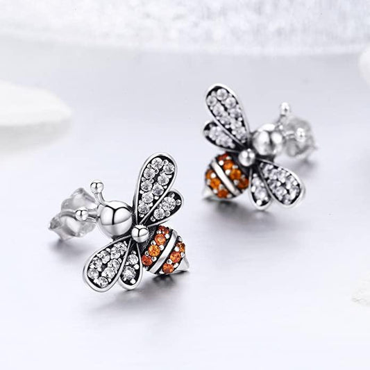 925 Sterling Silver Bee White and Orange CZ Stone Stud Earrings