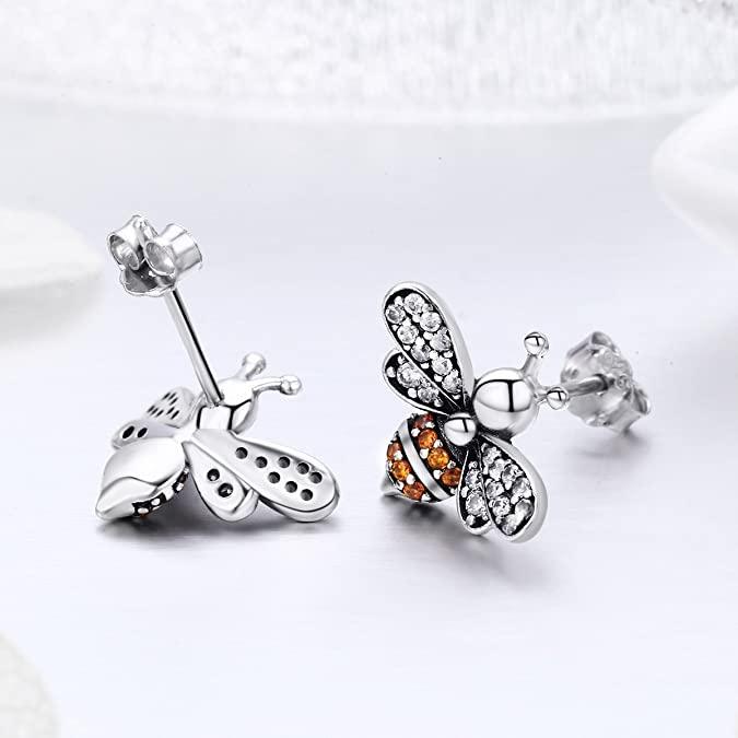 925 Sterling Silver Bee White and Orange CZ Stone Stud Earrings