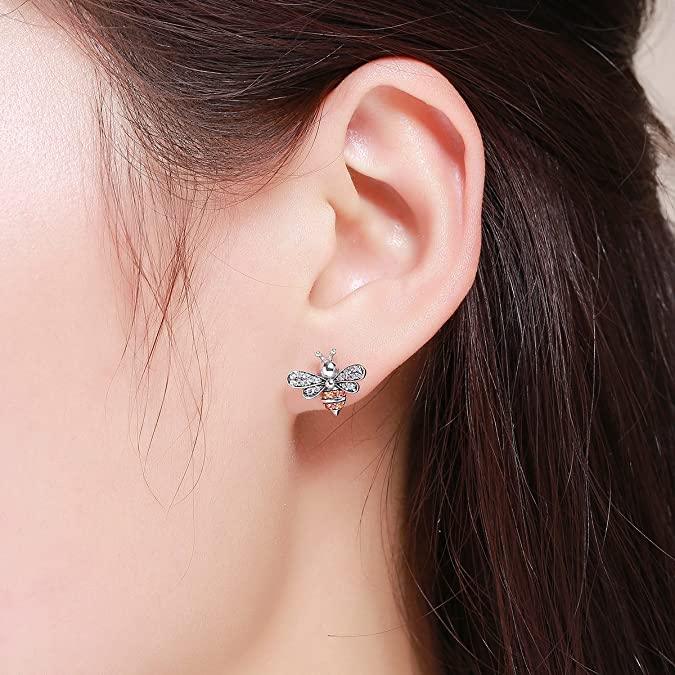 925 Sterling Silver Bee White and Orange CZ Stone Stud Earrings