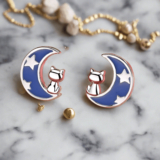 925 Sterling Silver Cat Sitting on a Blue Crescent Moon Star Stud Earrings