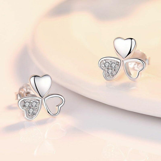 925 Sterling Silver Crystal Love Heart Clover Stud Earrings