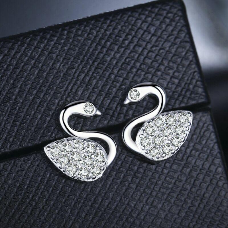 925 Sterling Silver Crystal Swan White Stone Stud Earrings