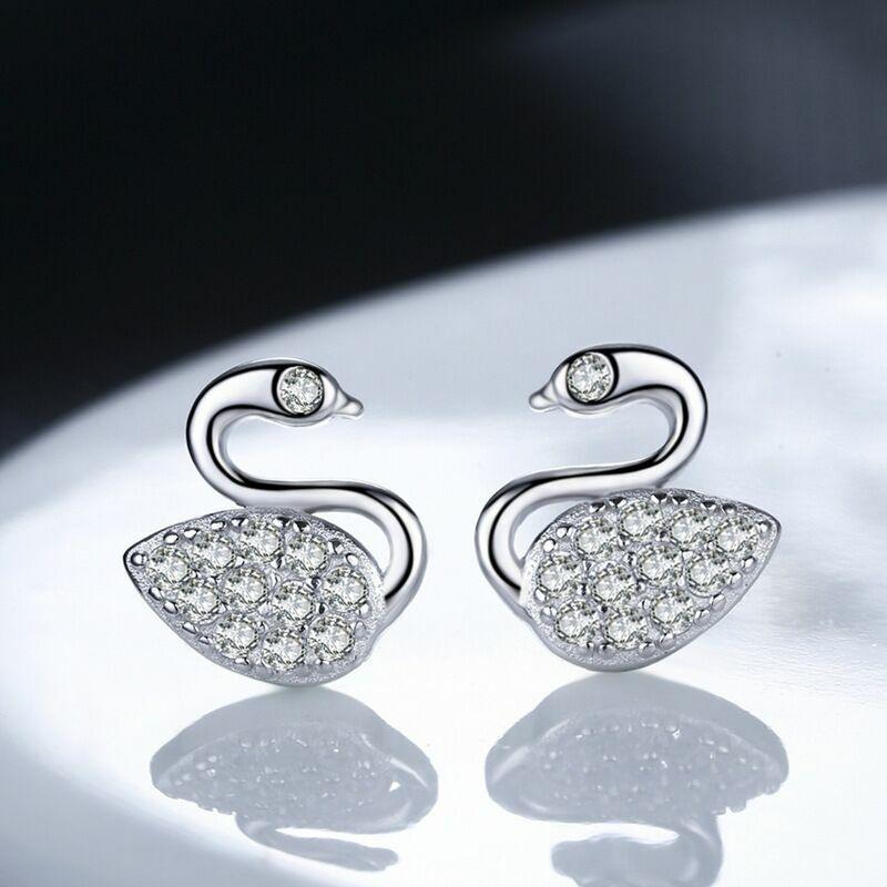 925 Sterling Silver Crystal Swan White Stone Stud Earrings