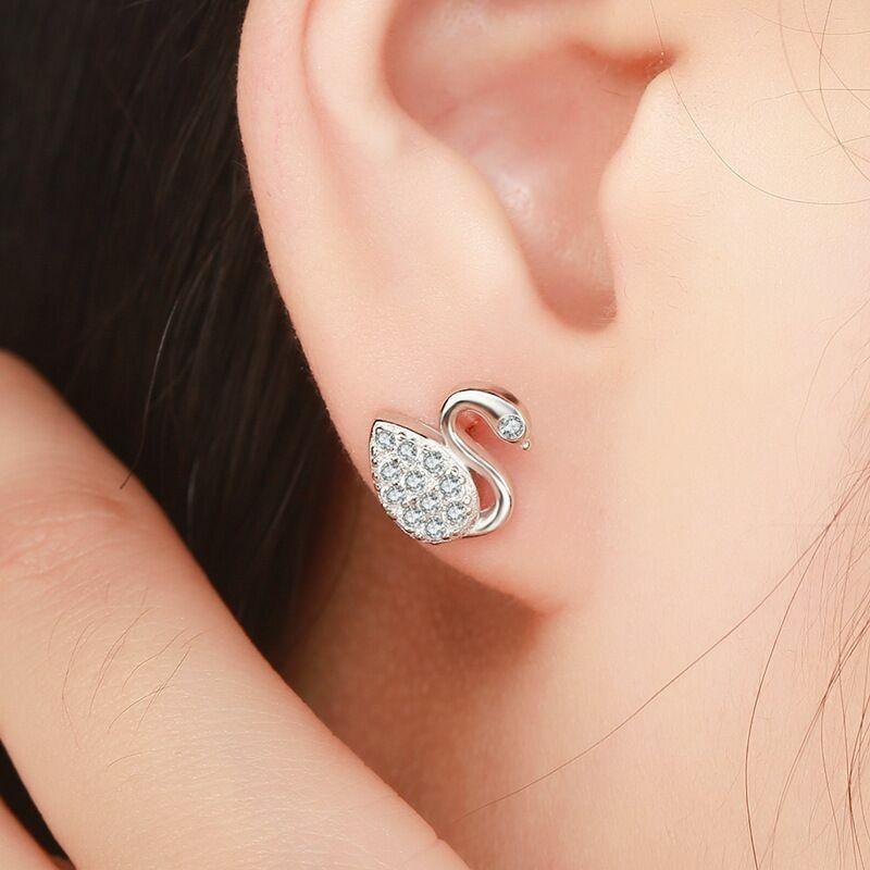 925 Sterling Silver Crystal Swan White Stone Stud Earrings