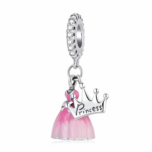 925 Sterling Silver Princess Crown Pink Dress Pendant Bracelet Charm