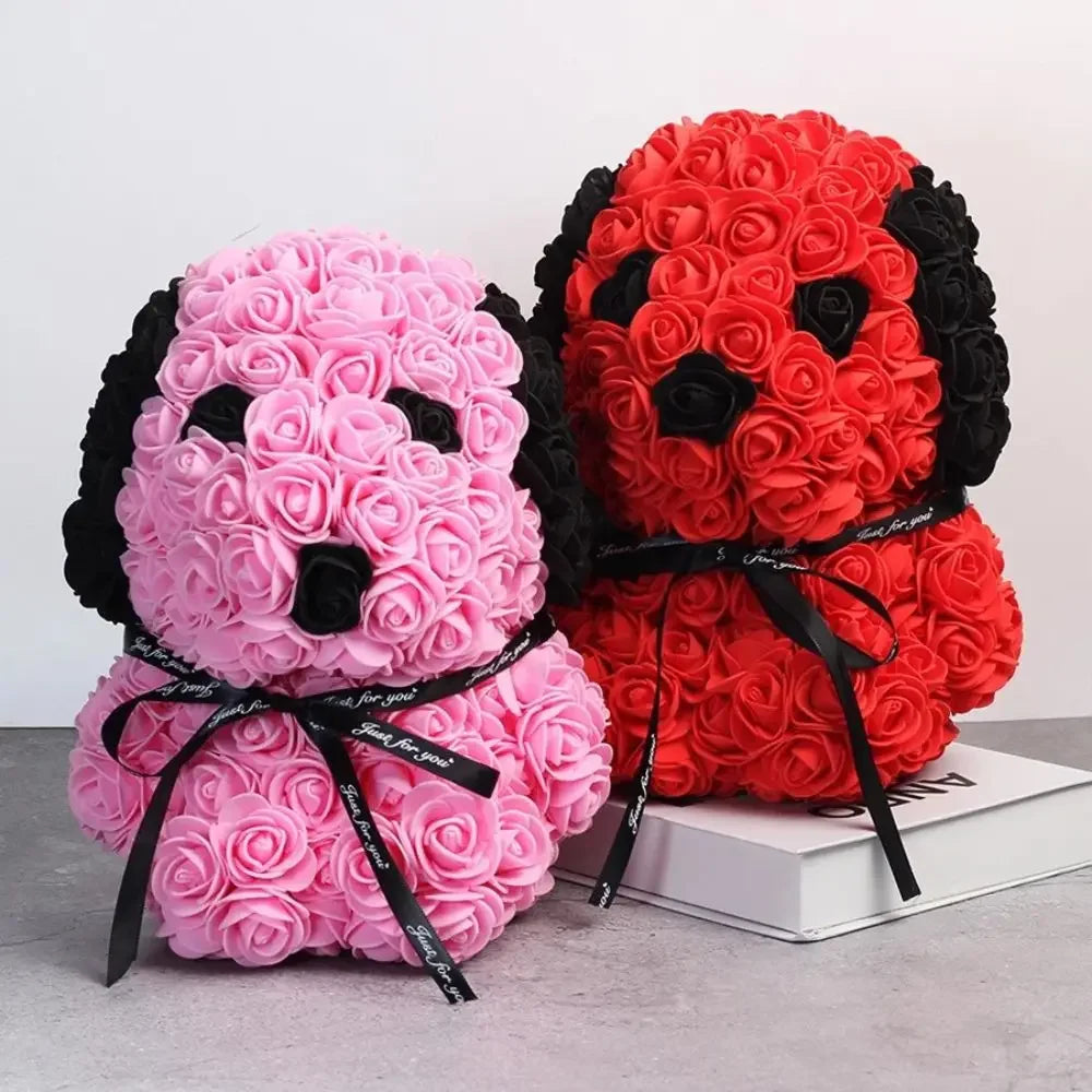 Artificial Rose Beagle Dog Figurine Rose Bear Animal Ornaments - 3 Colours
