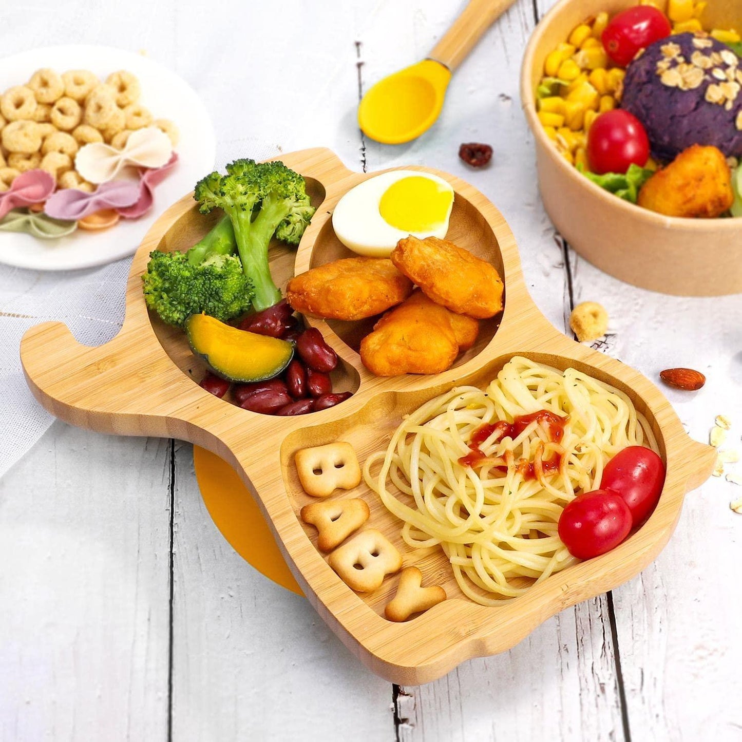 Bamboo Elephant Plate Bowl Spoon Set Stay-Put Suction Design - 6 Colours