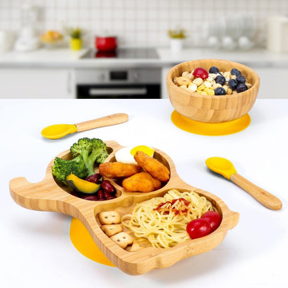 Bamboo Elephant Plate Bowl Spoon Set Stay-Put Suction Design - 6 Colours