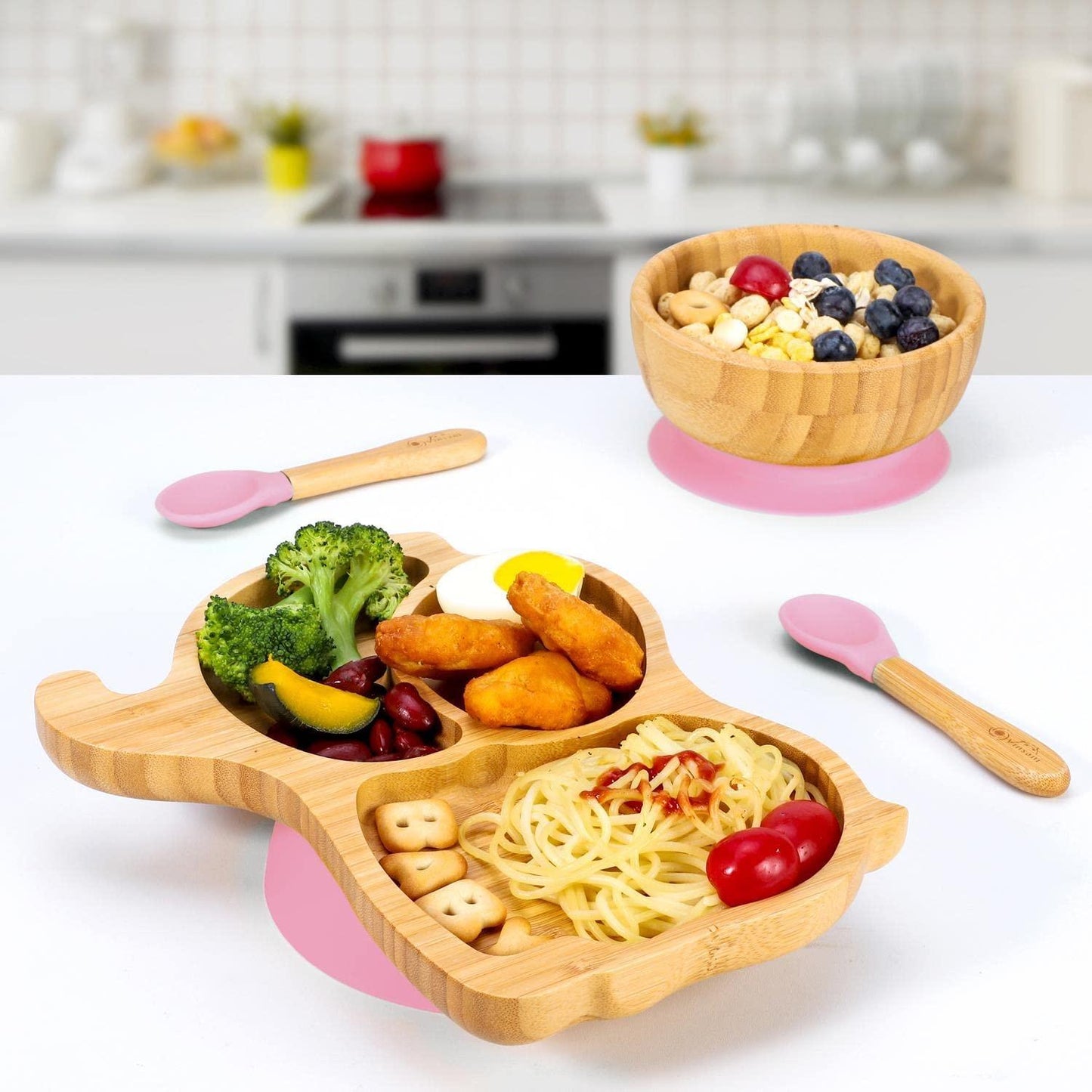 Bamboo Elephant Plate Bowl Spoon Set Stay-Put Suction Design - 6 Colours