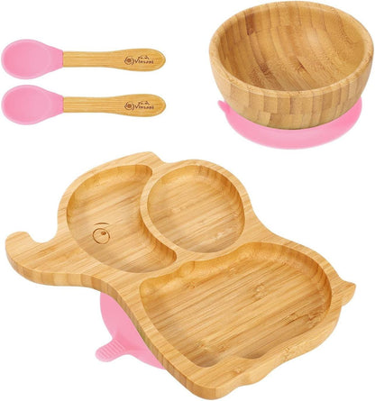 Bamboo Elephant Plate Bowl Spoon Set Stay-Put Suction Design - 6 Colours