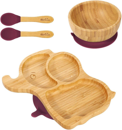 Bamboo Elephant Plate Bowl Spoon Set Stay-Put Suction Design - 6 Colours