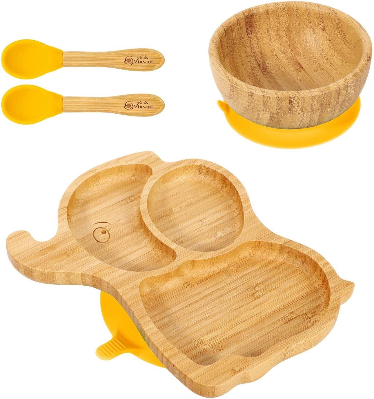 Bamboo Elephant Plate Bowl Spoon Set Stay-Put Suction Design - 6 Colours