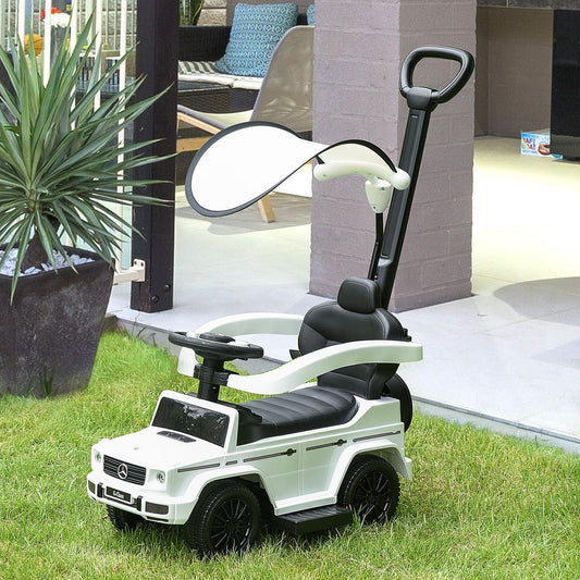 Benz G350 Kids Ride on Push Car with Canopy Shade and Guardrail - White