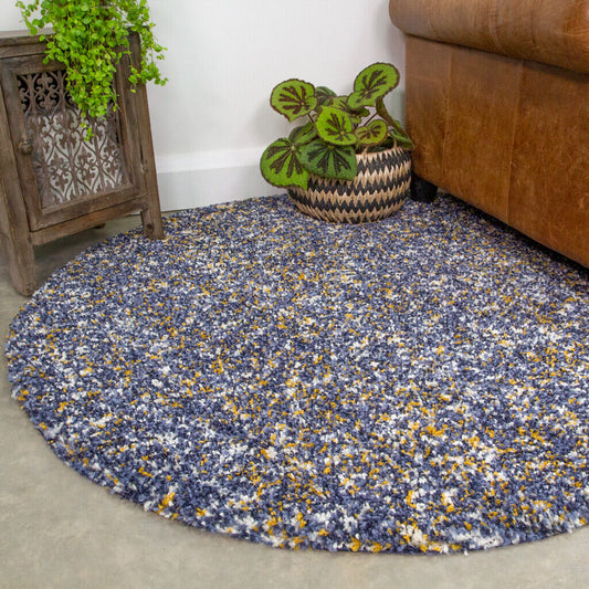 Blue Yellow Ochre Flecked Round Circle Shaggy Non Shed Floor Rug 135cm