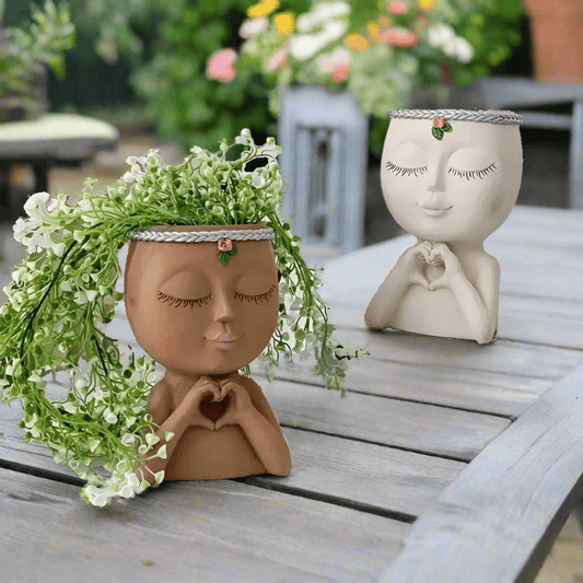 Boho Girl Face Flower Pot Planter Rustic Bust Ornament Art Statue