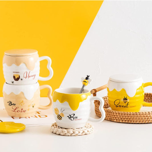 Cartoon Bee Honey Pot Shaped Mug with Lid and Spoon - 4 Designs