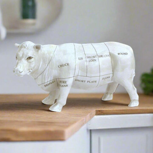 Ceramic Cow Ornament with Butcher's Cuts Diagram Kitchen Sculpture