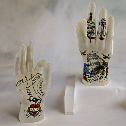Ceramic Palmistry Hand Pseudoscience Art Ornament - Faith Tattoo Print