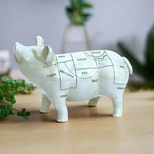 Decorative ceramic pig ornament with butcher's cuts diagram, 32cm sculpture, ideal for farmhouse kitchens, rustic home décor, or quirky gifts.