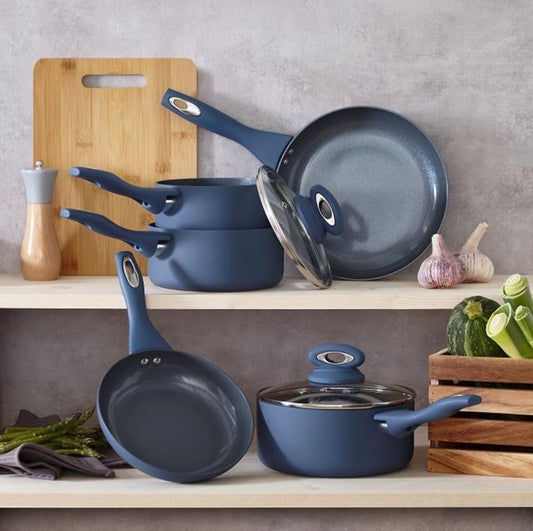 Cermalon 5-Piece Ceramic Non-Stick Pots Pan Set - Blue Grey Sparkle