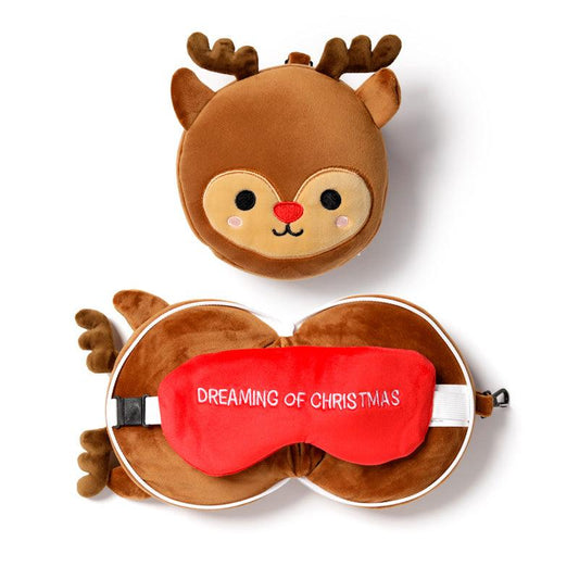 Christmas Reindeer Relaxeazzz Plush Round Kids Travel Pillow & Eye Mask Set