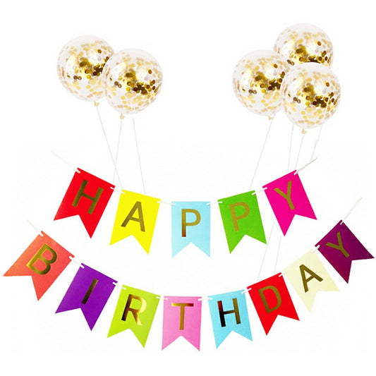 Colourful Birthday Banner Bunting with 5 Gold Foil Confetti Balloons