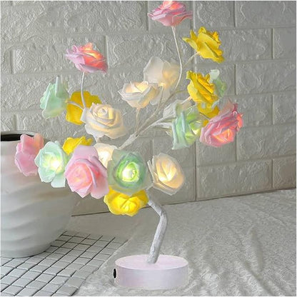 Colourful Rose Flower Table Lamp - 24 Warm LED Lights White Tree Decor