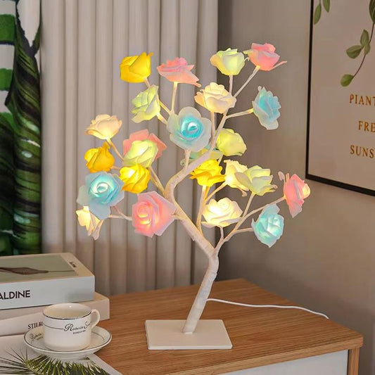 Colourful Rose Flower Table Lamp - 24 Warm LED Lights White Tree Decor