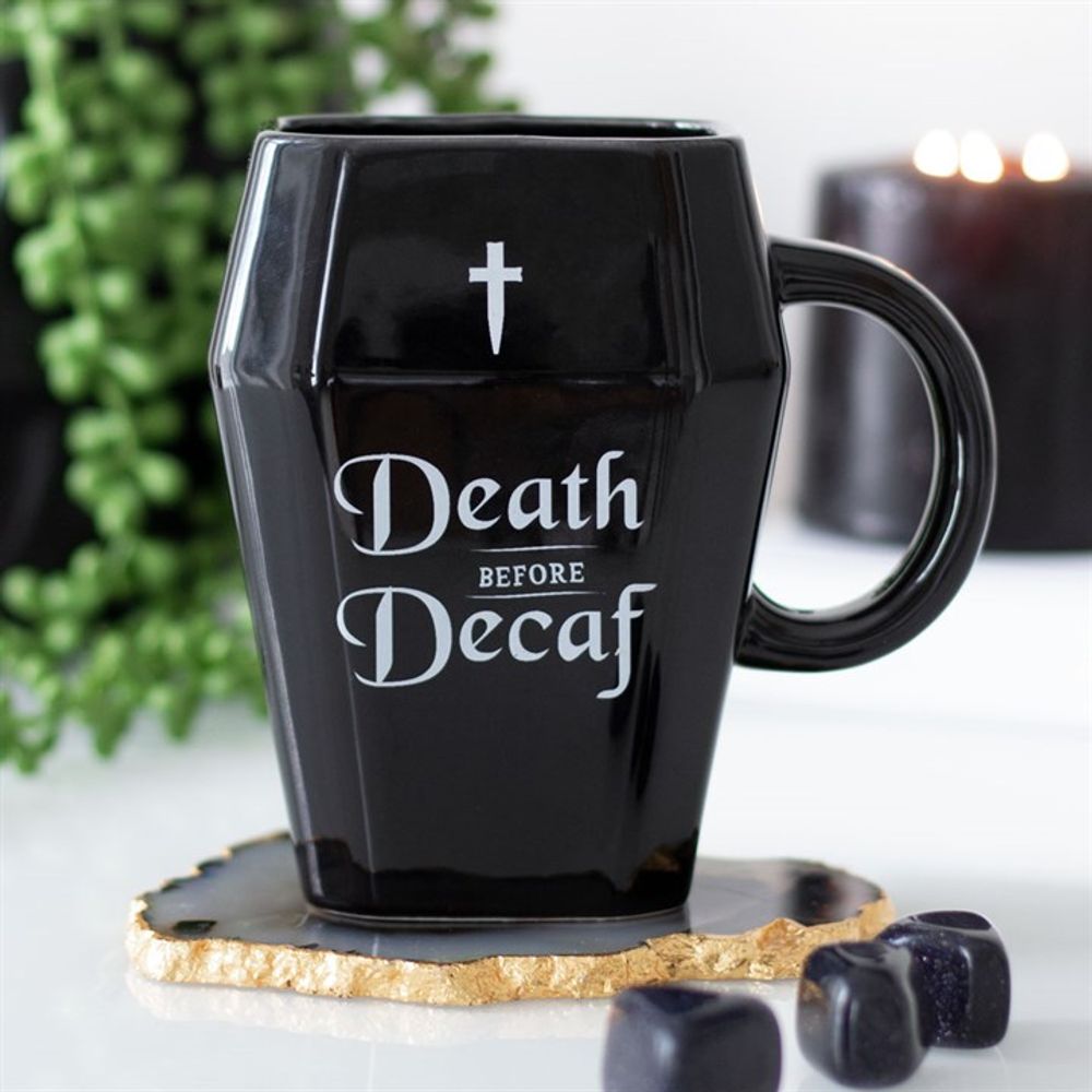 Death Before Decaf Black Coffin Shaped Ceramic Mug