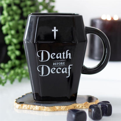 Death Before Decaf Black Coffin Shaped Ceramic Mug