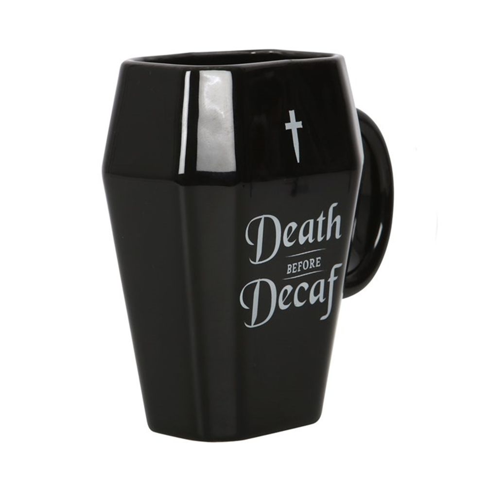 Death Before Decaf Black Coffin Shaped Ceramic Mug