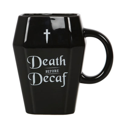 Death Before Decaf Black Coffin Shaped Ceramic Mug