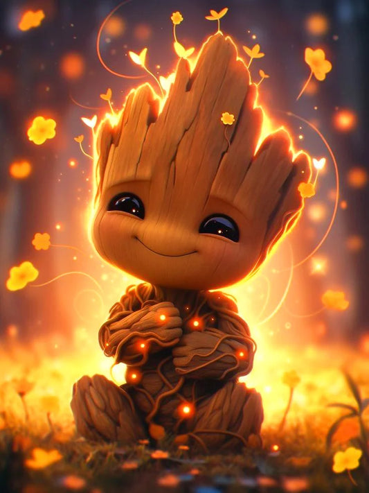A 5d diamond arts, craft kit with a picture of young Groot from the Guardians of the Galaxy in a fiery background.