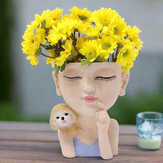 Girl Face with Puppy Dog Flower Pot Planter Bust Statue Ornament