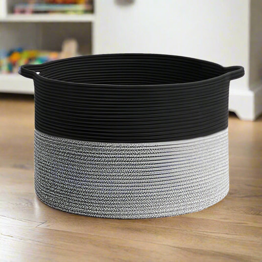 Handwoven Cotton Rope Storage Laundry Basket with Handles - Black Grey