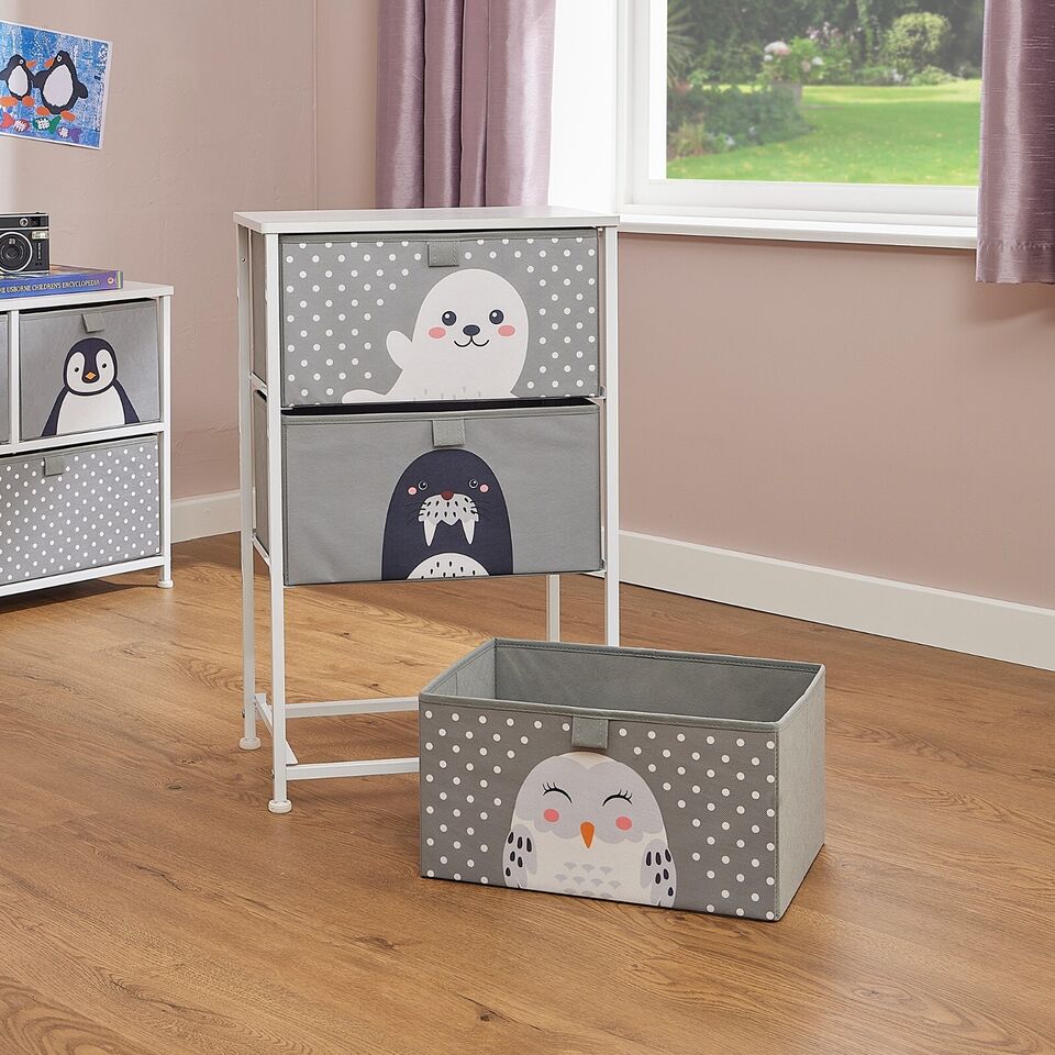 Kids Arctic Animals 3 Drawer Cube Canvas Storage Unit & Shelf  - Grey White